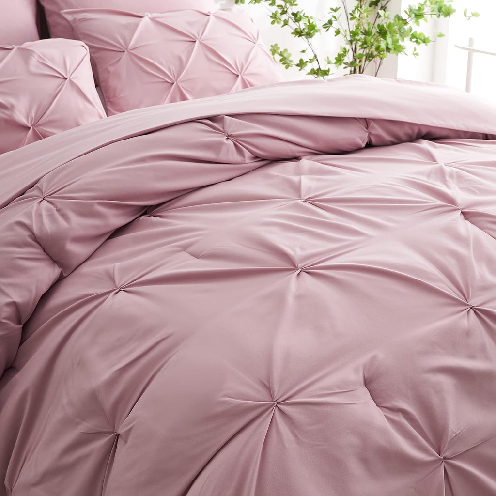 Ubauba 7pc Full Size Comforter Set with Sheets, Pinched Pleat 7 Piece Bed in a Bag Blush Bed Set with Comforter, Pintuck All Season Bedding Sets (Pink,Full)