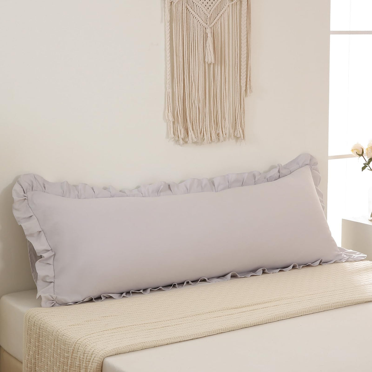 Boho White Body Pillowcase 20x54in - Ruffled Fringe Decor Sham