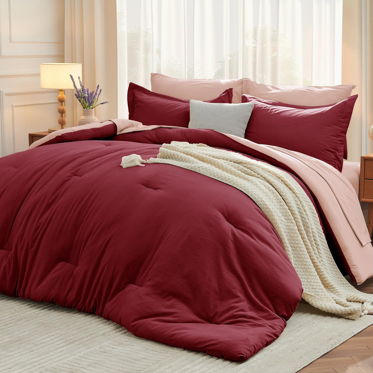 MUXHOMO King Comforter Set 7 Pieces, Soft Bed in a Bag, Beige
