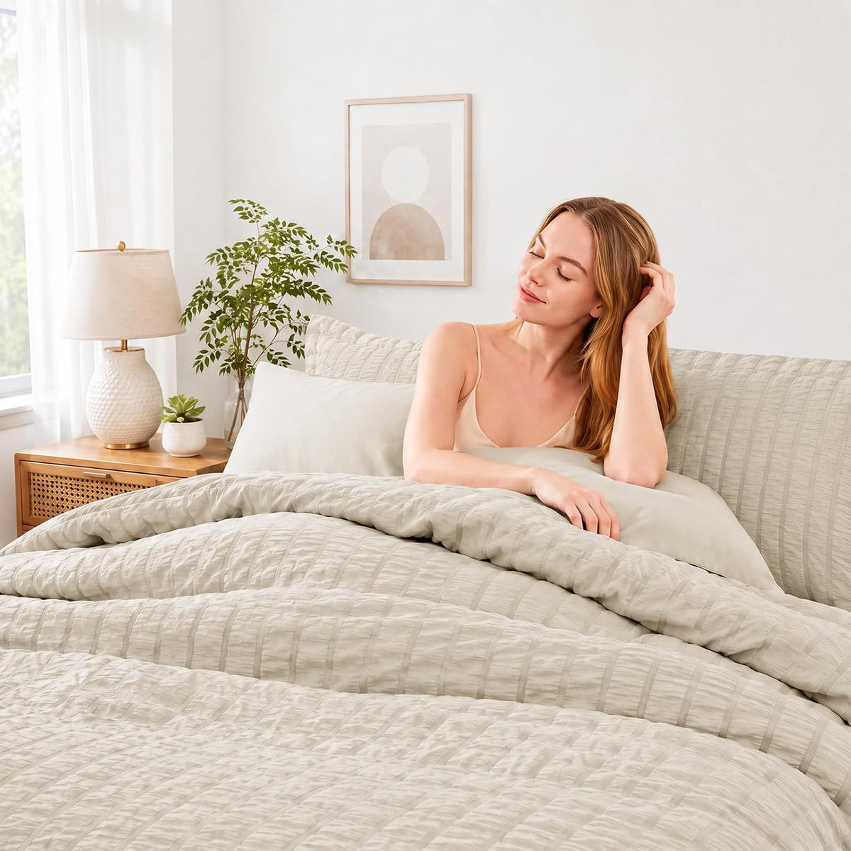 HIMEET King Comforter Set, 7-Piece Seersucker Bed in a Bag, Beige