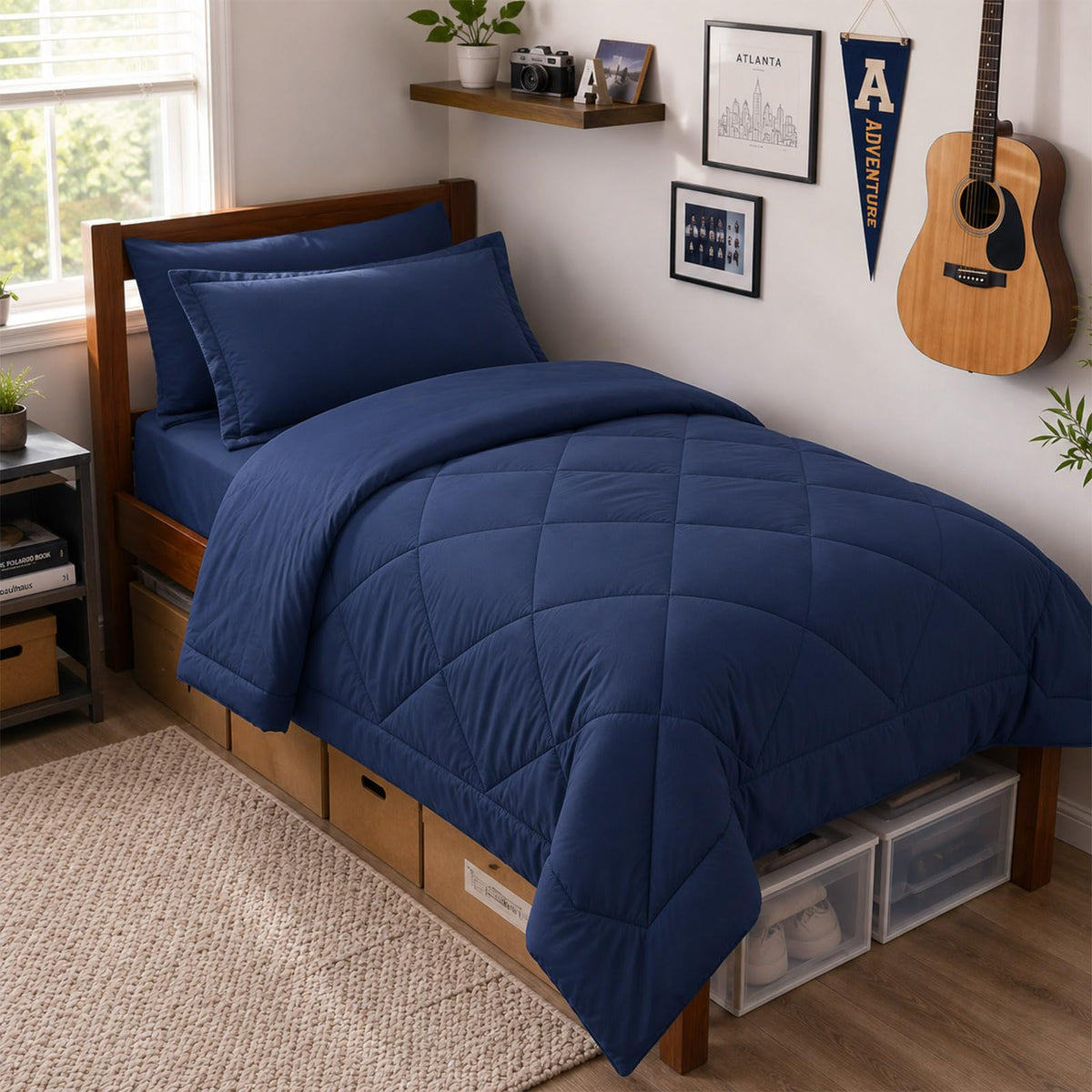 FUANNA Full Size Comforter Sets 7 PCS, Navy Blue Bed Set, Soft Bed in a Bag
