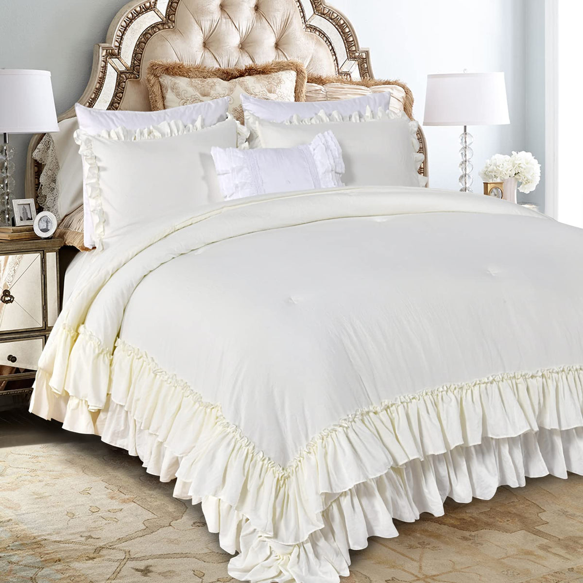 Masaca Ruffled Comforter Set Queen,Farmhouse Shabby Boho Chic Bedding Wheat and White Ruffle Comforter Vintage Rustic French Country Elegant Bedding Set 3PCS
