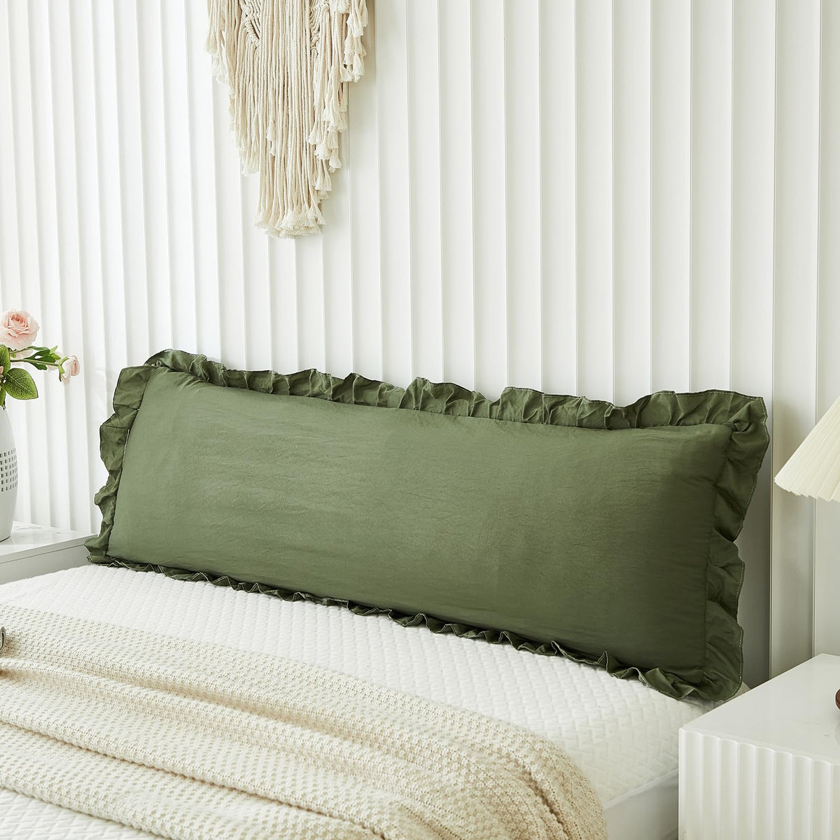Boho White Body Pillowcase 20x54in - Ruffled Fringe Decor Sham
