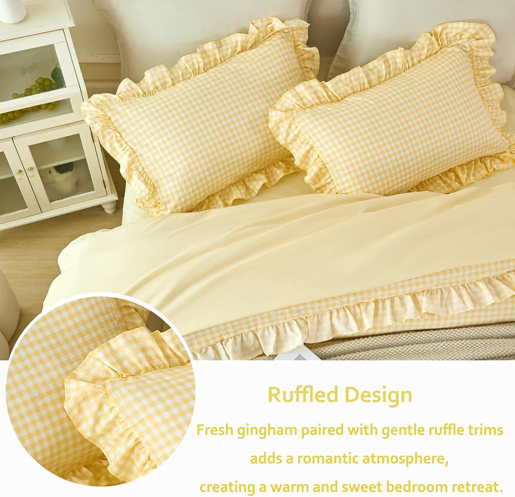 RYNGHIPY 5 Pcs Gingham Bedding Set Queen Yellow Ruffle Comforter Sets