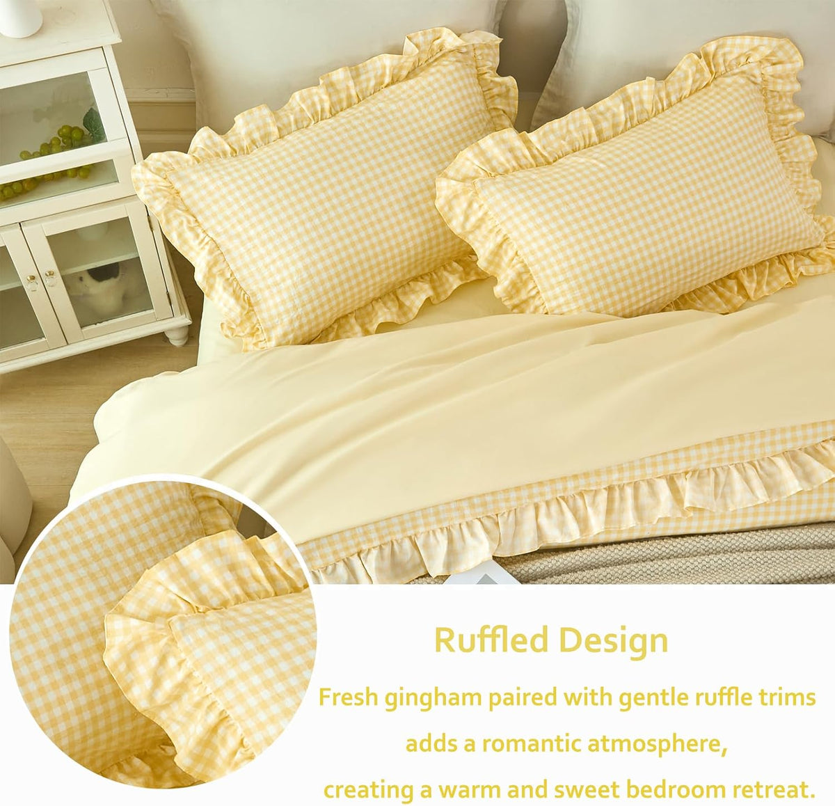 RYNGHIPY 5 Pcs Gingham Bedding Set Queen Yellow Ruffle Comforter Sets