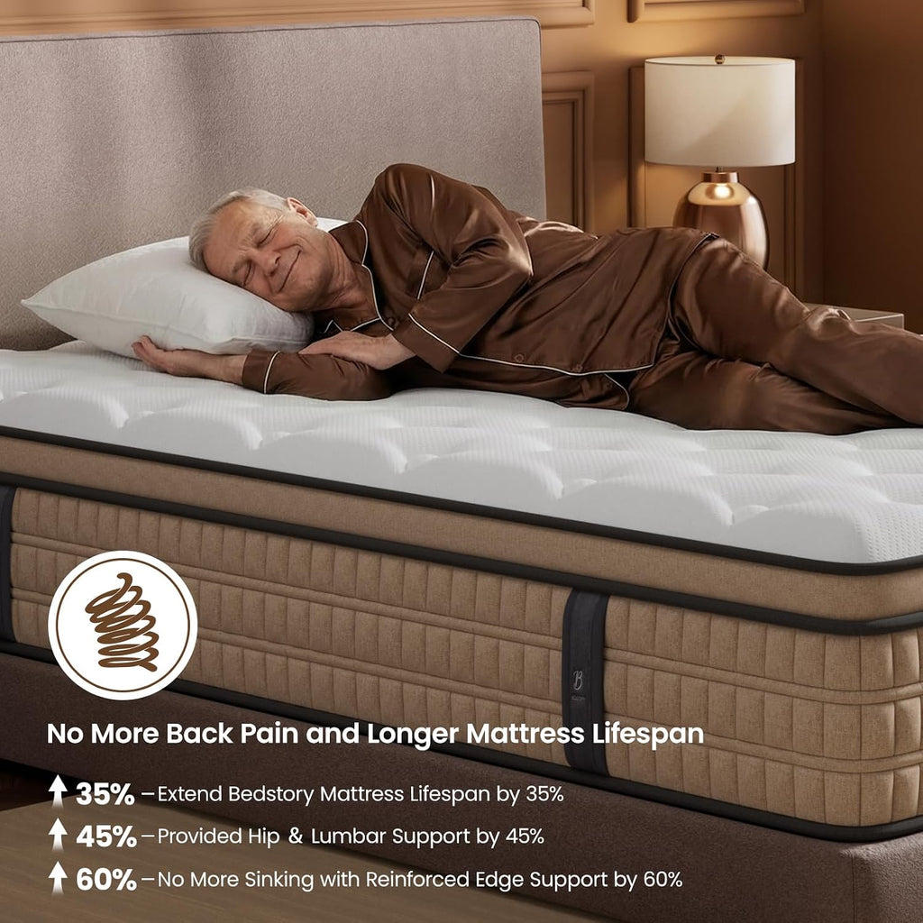 BedStory 14 inch Medium Firm Queen Mattress - Pain-Relieving Hybrid Mattress for Extra Lumbar & Hip Support - Queen Bed in a Box - 365-Night Trial - No Odor, Fiberglass-Free, CertiPUR-US Certified