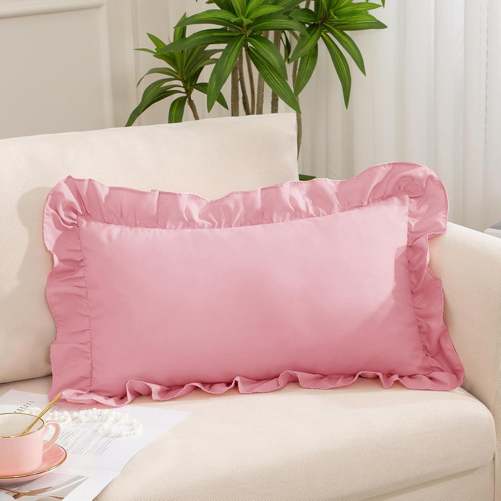 Pink Ruffle Lumbar Pillow Cover, 12x20 Inch
