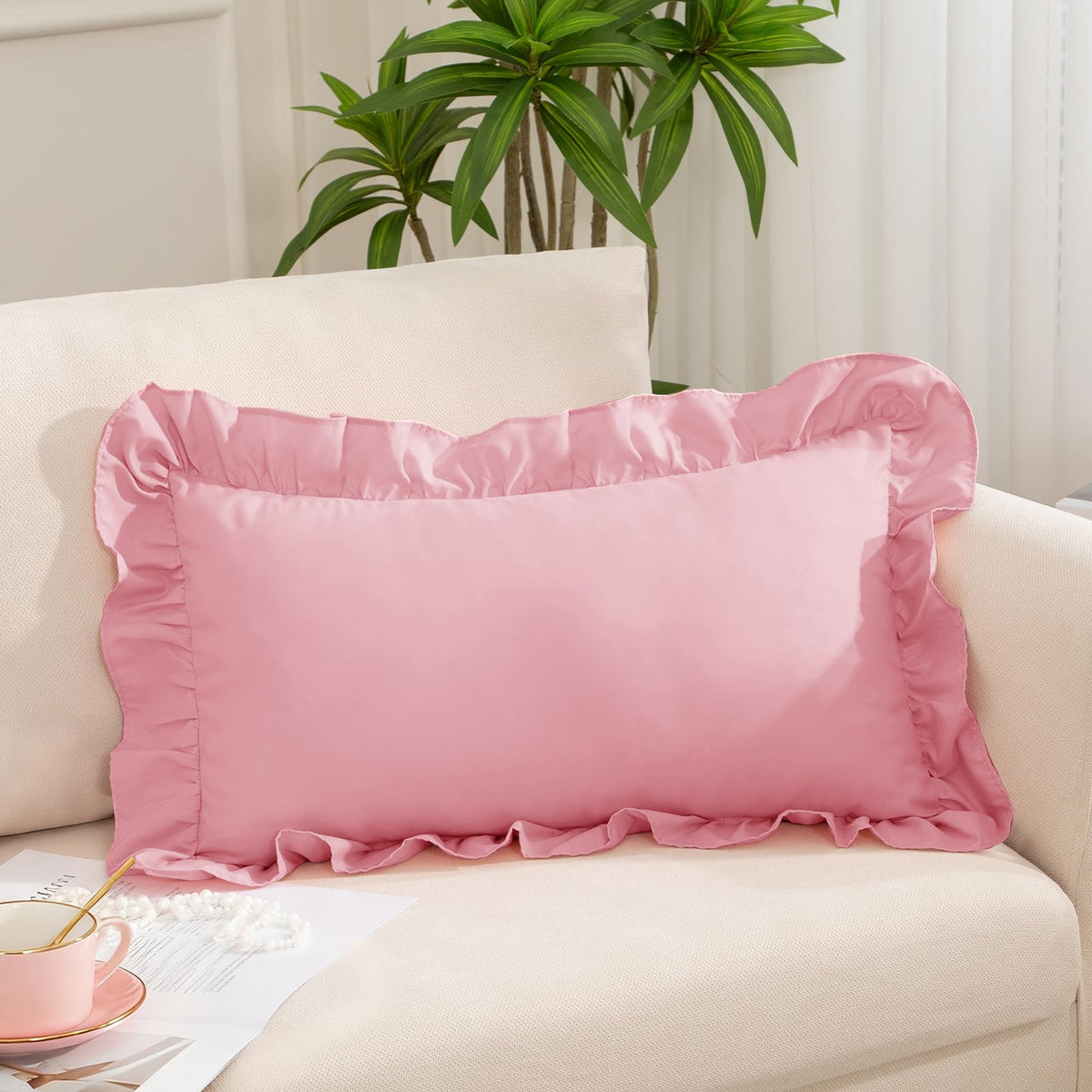 Pink Ruffle Lumbar Pillow Cover, 12x20 Inch