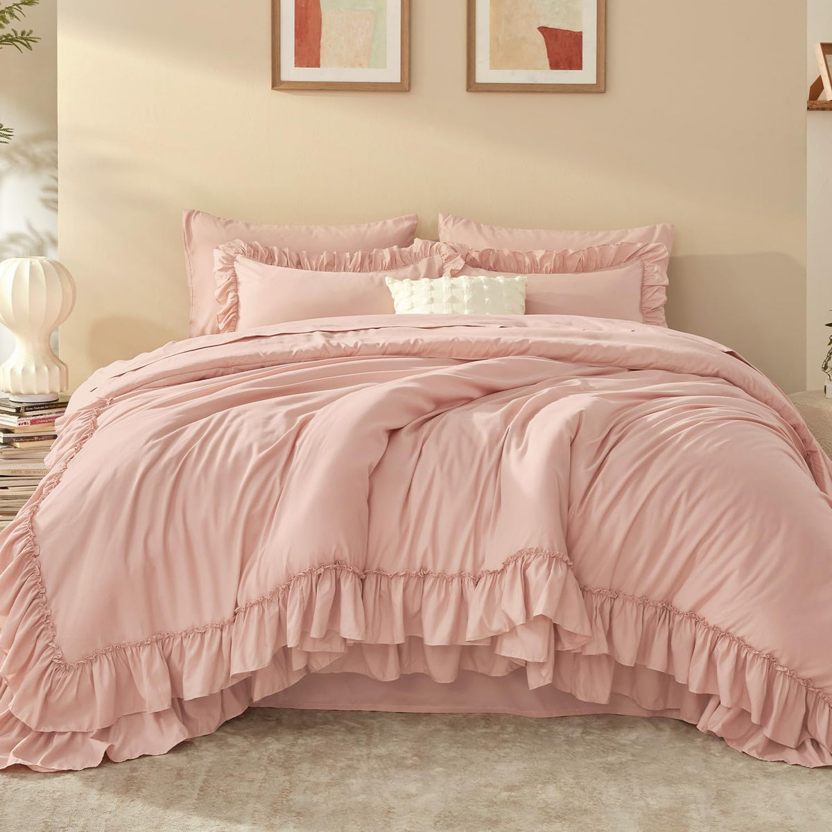 Litanika Queen Comforter Set, 7 Pcs White Ruffle Bed in a Bag