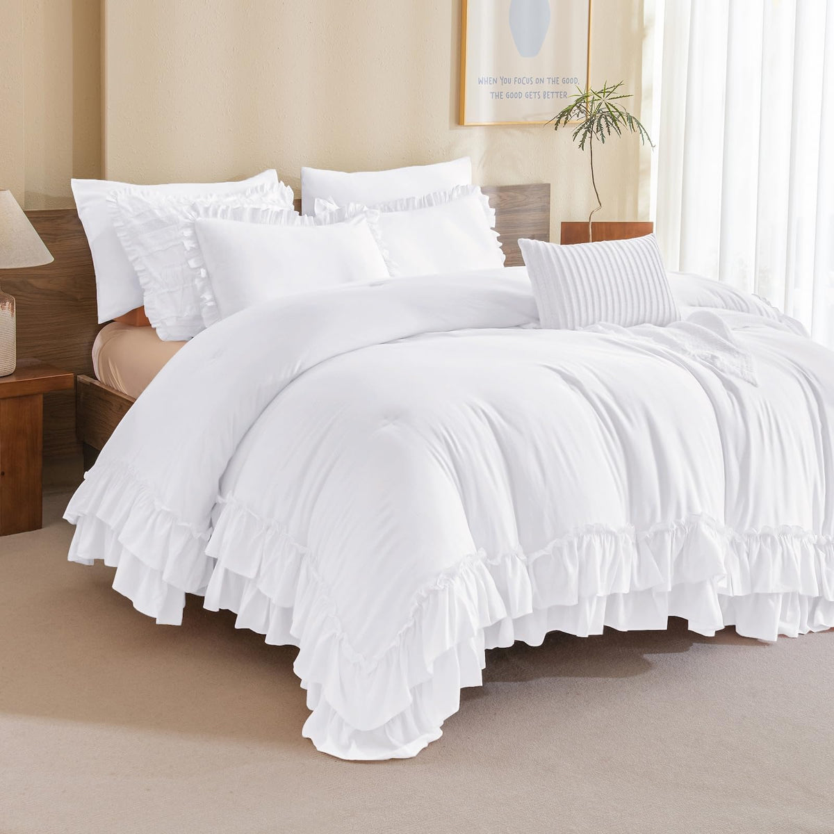 Masaca Ruffled Comforter Set Queen,Farmhouse Shabby Boho Chic Bedding Wheat and White Ruffle Comforter Vintage Rustic French Country Elegant Bedding Set 3PCS