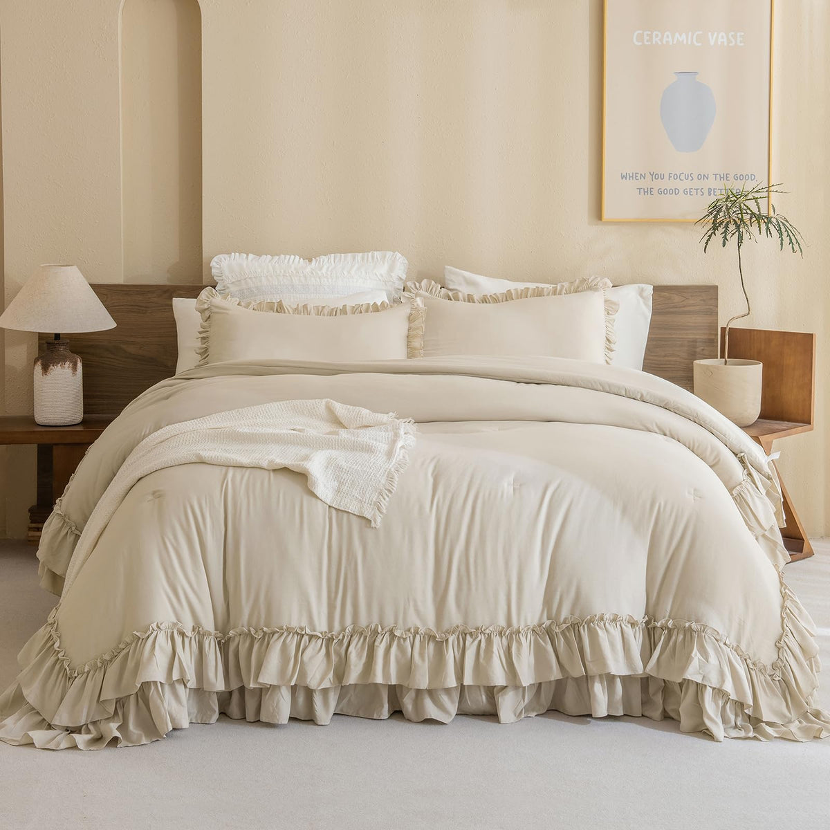 Masaca Ruffled Comforter Set Queen,Farmhouse Shabby Boho Chic Bedding Wheat and White Ruffle Comforter Vintage Rustic French Country Elegant Bedding Set 3PCS