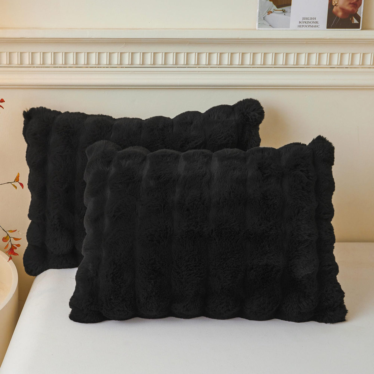 LIFEREVO 2 Pack Fluffy Faux Rabbit Fur Standard Pillow Cases, Beige