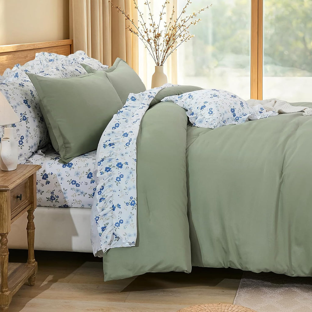 8PC Queen Comforter Set Green, Ruffle Comforter with Floral Sheets