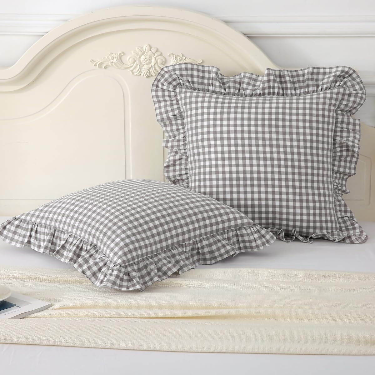 Silnuo Taupe/White Gingham Plaid Ruffled Pillow Covers Queen Size Set of 2