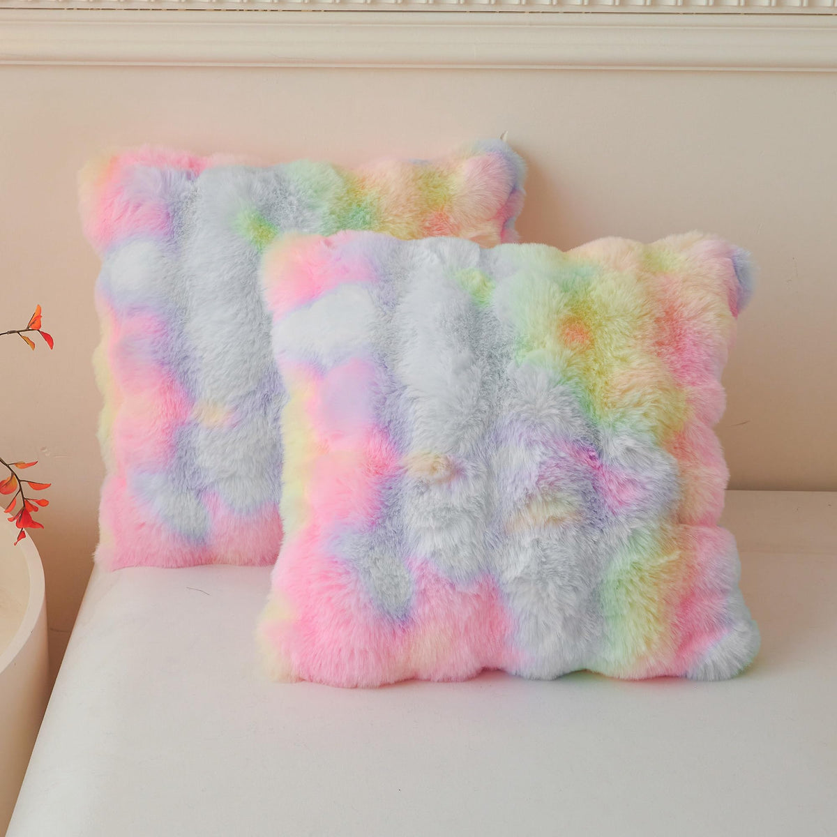 LIFEREVO 2 Pack Fluffy Faux Rabbit Fur Standard Pillow Cases, Beige