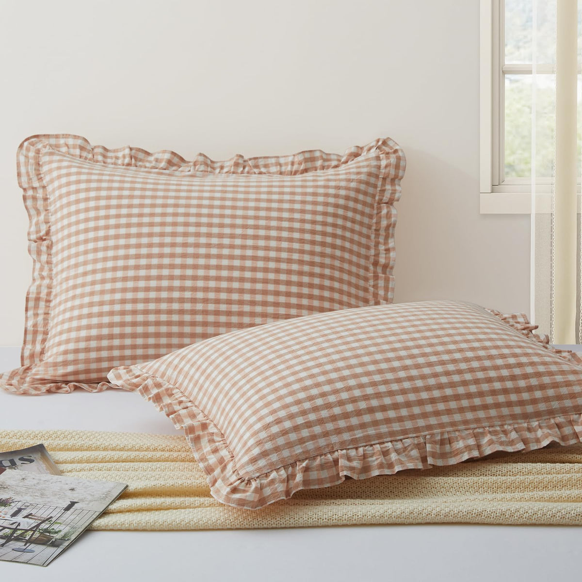 KKJIAF 2 Pcs Plaid Ruffle Pillow Case Standard Size, Sage Green Plaid