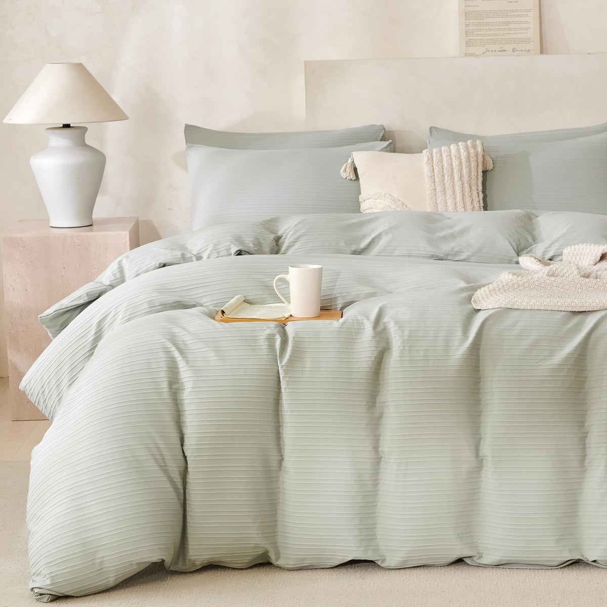 Comforter Set King Size Dusty Pink Soft Luxury Washed Microfiber Jacquard 3 Pieces Bedding Set, White Dusty Pink Vertical Ticking Stripes Comforter with 2 Pillowcases Breathable Durable Comfy