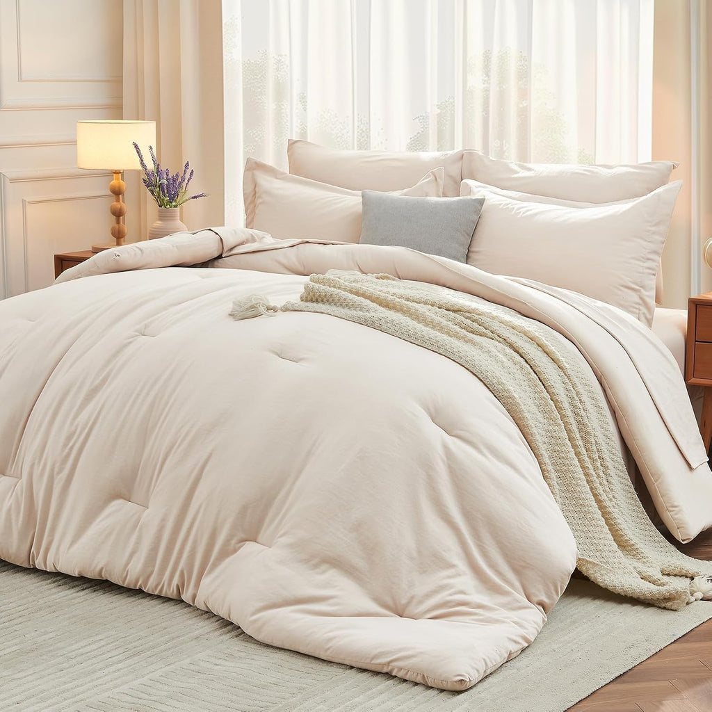 MUXHOMO King Comforter Set 7 Pieces, Soft Bed in a Bag, Beige