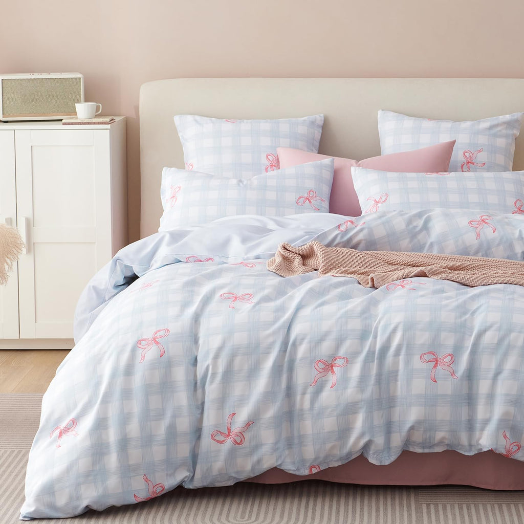 Plaid Comforter Set Full Blue Gingham Pink Bow Bedding Set