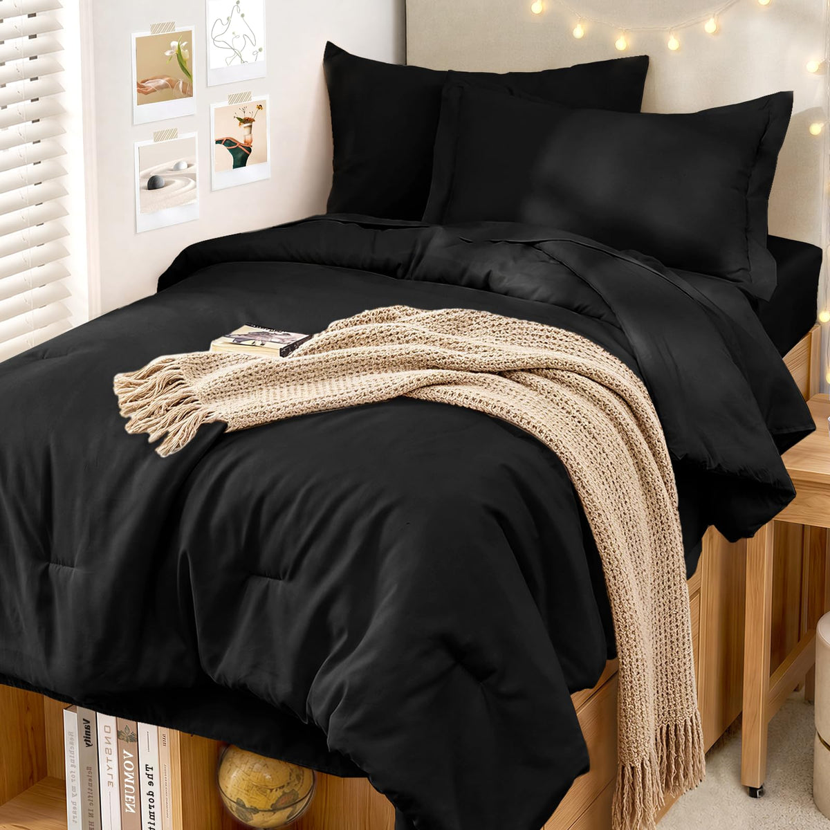 MUXHOMO King Comforter Set 7 Pieces, Soft Bed in a Bag, Beige