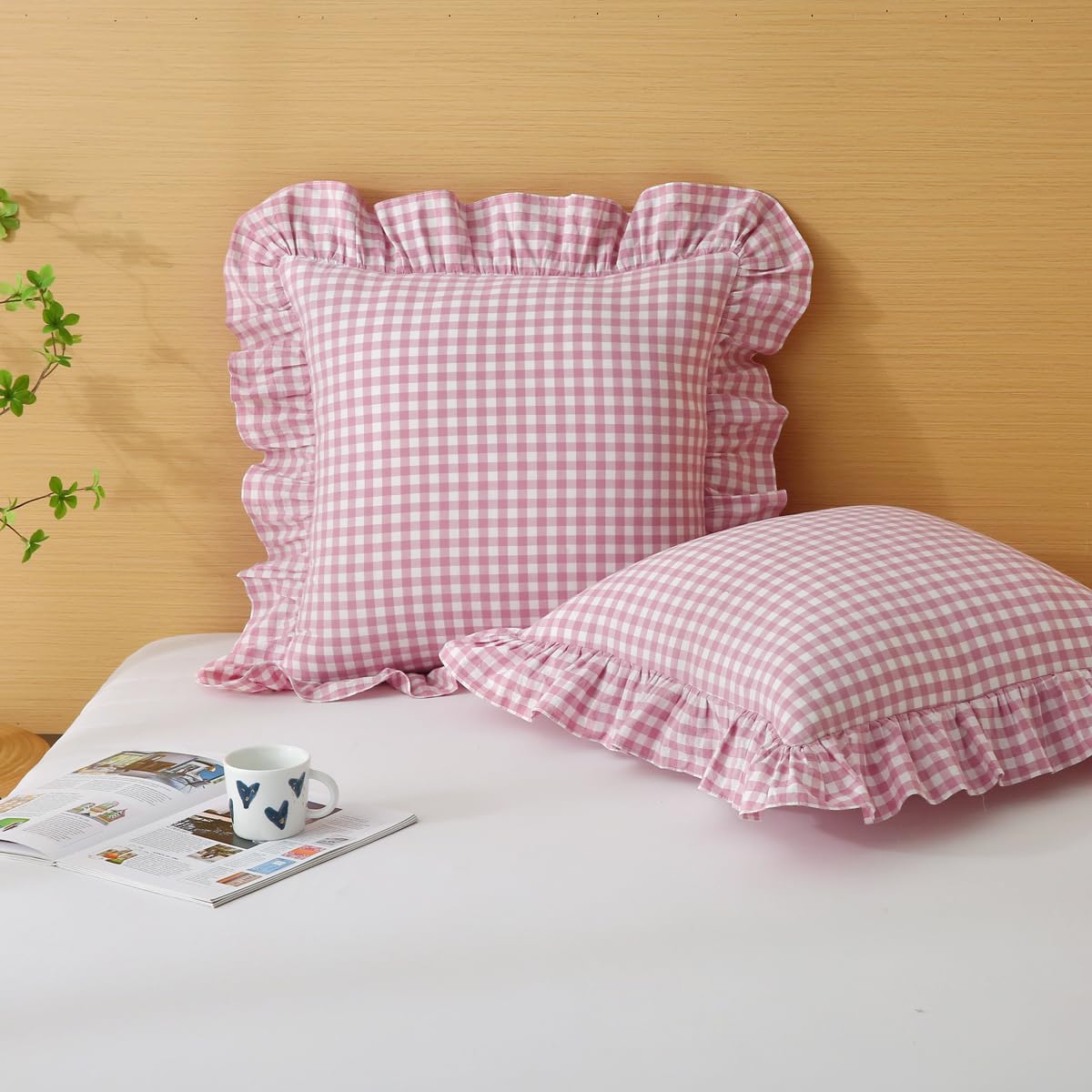 Silnuo Taupe/White Gingham Plaid Ruffled Pillow Covers Queen Size Set of 2