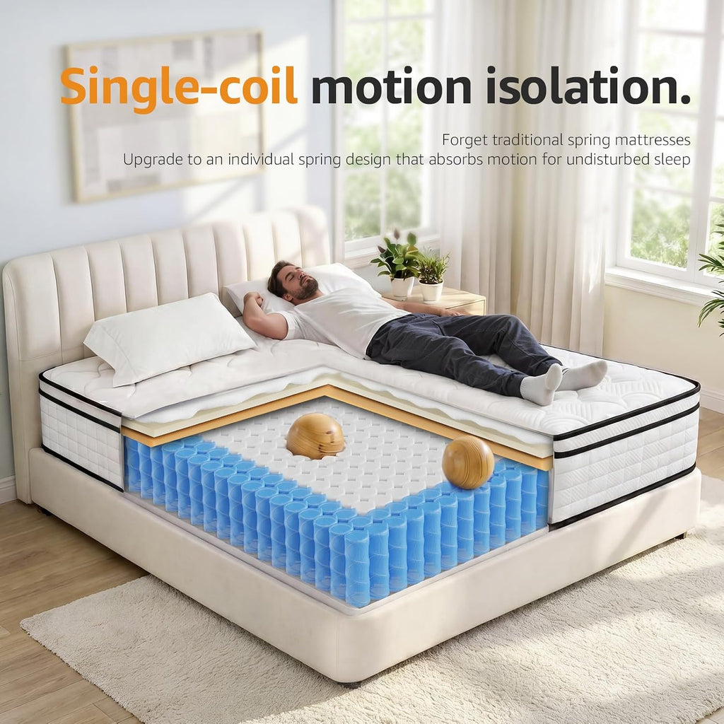 Twin 10 Inch Hybrid Mattress in a Box, Balanced Medium Feel, Memory Foam with Individually Pocketed Coils, Zoned Support & Motion Isolation, CertiPUR-US Certified