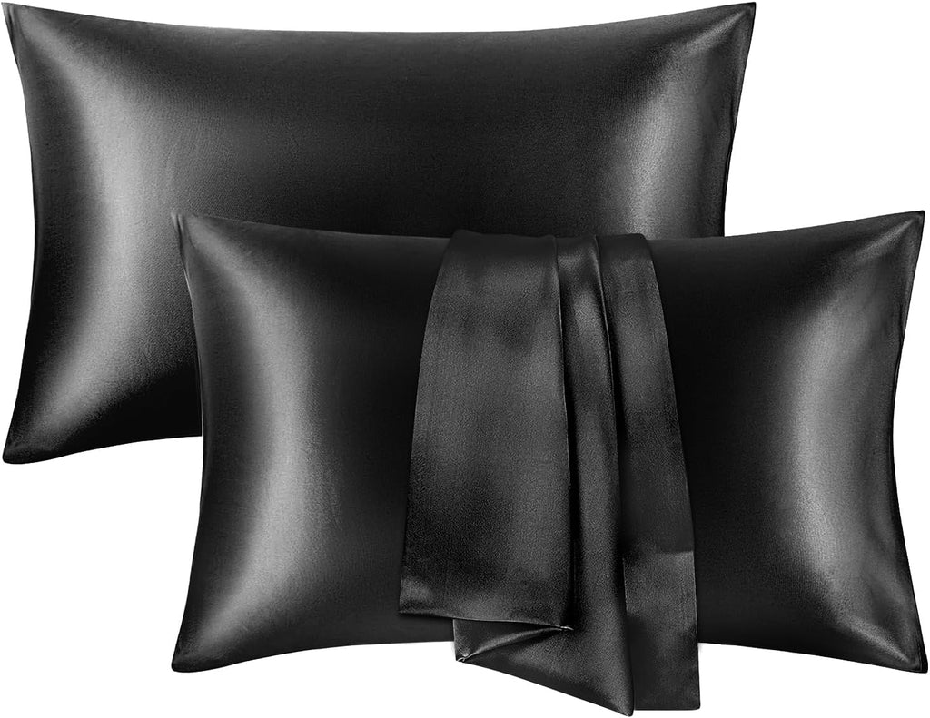 Silk Satin Pillow Cases Standard Size Set of 2 with Envelope Closure Skin & Hair Friendly Gifts for Women Men 20"x 26" Black