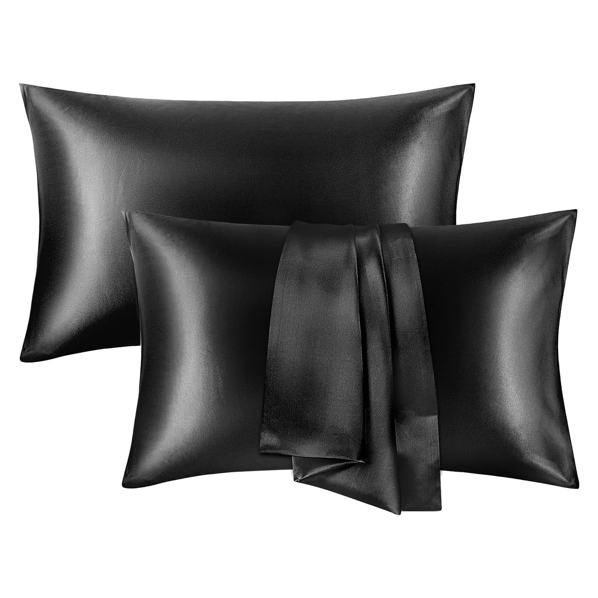 Silk Satin Pillow Cases Standard Size Set of 2 with Envelope Closure Skin & Hair Friendly Gifts for Women Men 20"x 26" Black