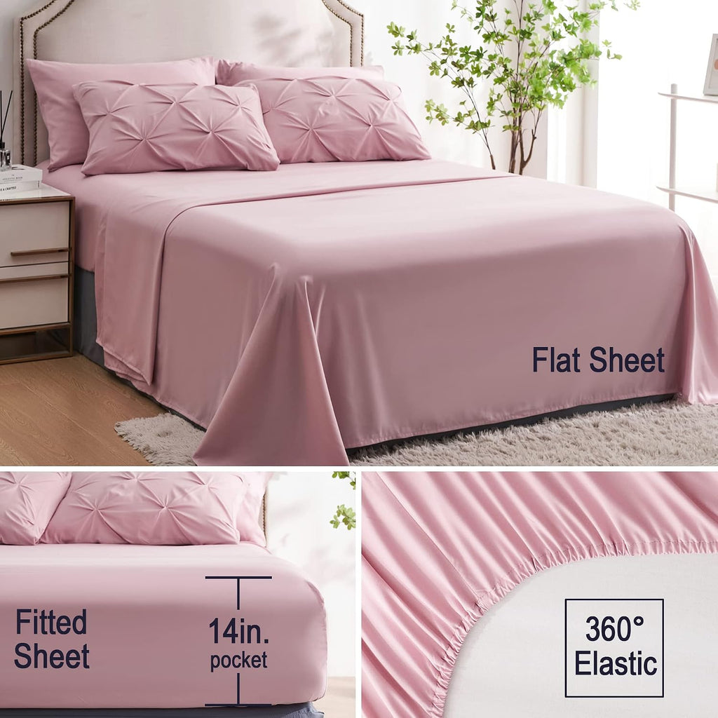 Ubauba 7pc Full Size Comforter Set with Sheets, Pinched Pleat 7 Piece Bed in a Bag Blush Bed Set with Comforter, Pintuck All Season Bedding Sets (Pink,Full)