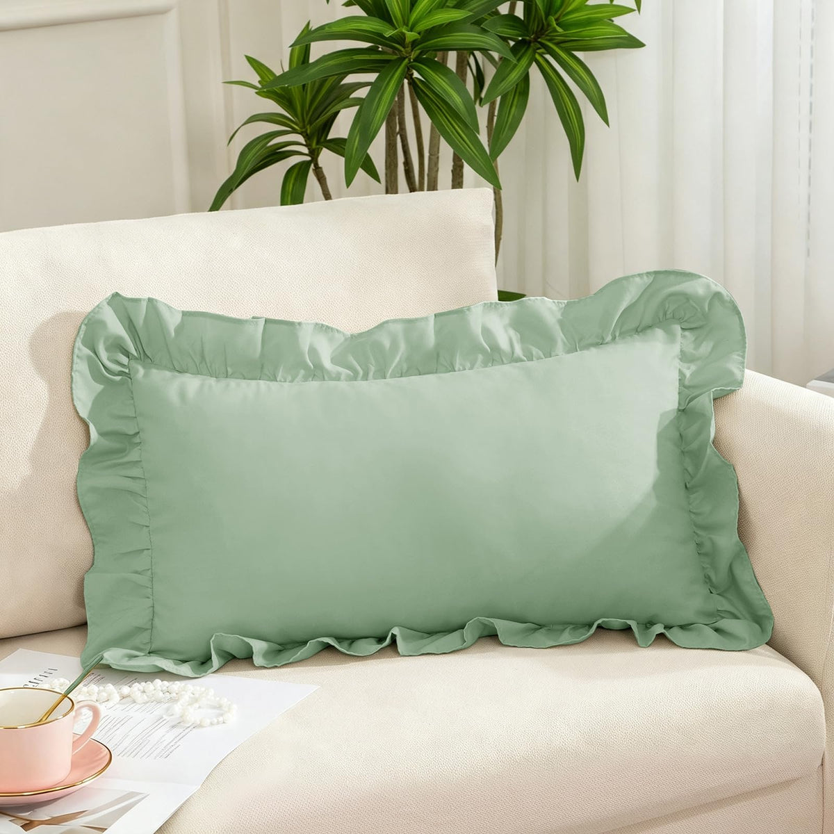 Pink Ruffle Lumbar Pillow Cover, 12x20 Inch