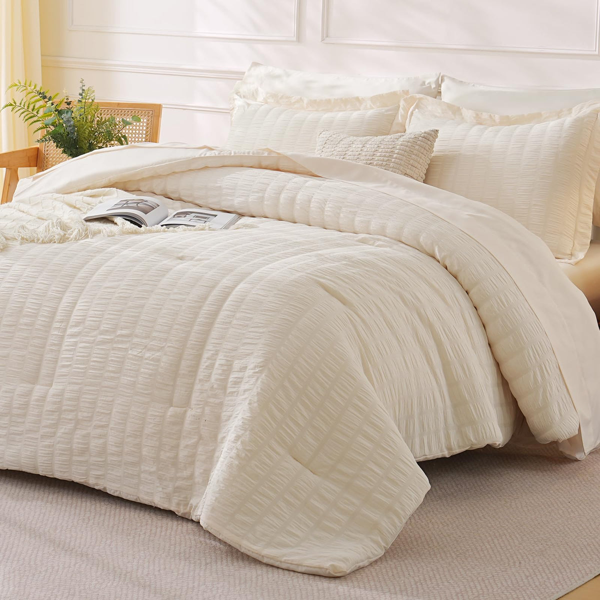 FreshCulture Twin Size Comforter Set Seersucker 5 Pieces, All Season Bedding Set Twin, Soft Bed in a Bag Comforter Set with Comforter, Flat Sheet, Fitted Sheet, Pillowcase and Pillow Sham, Cream
