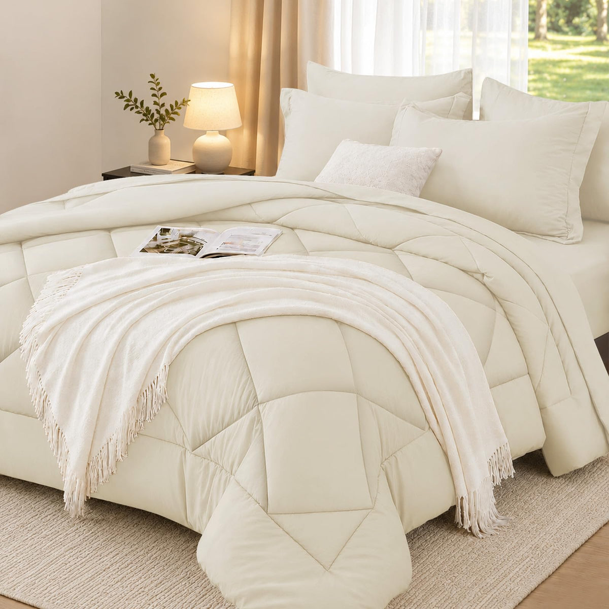 FUANNA Full Size Comforter Sets 7 PCS, Navy Blue Bed Set, Soft Bed in a Bag