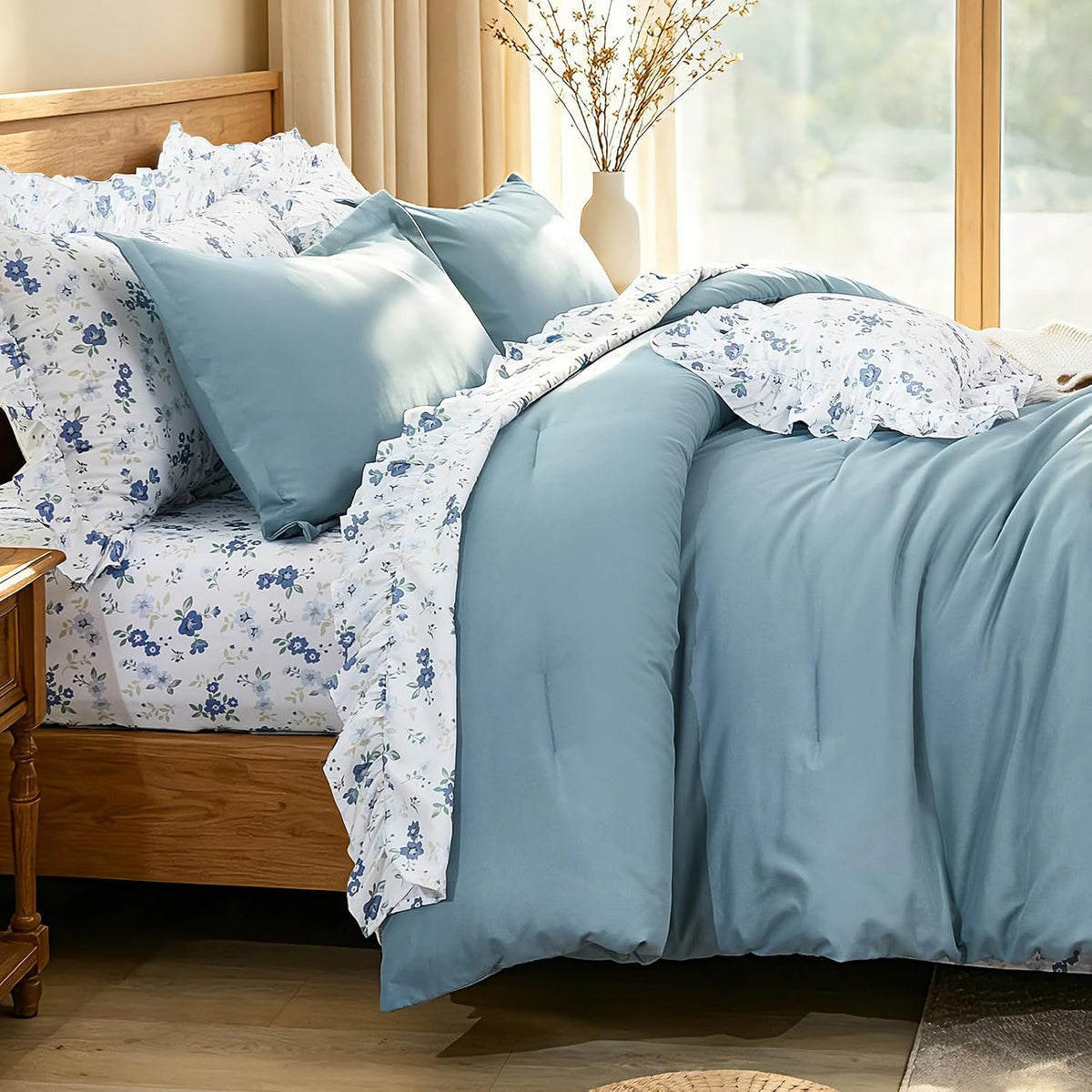 8PC Queen Comforter Set Blue, Ruffle Comforter with Floral Sheets