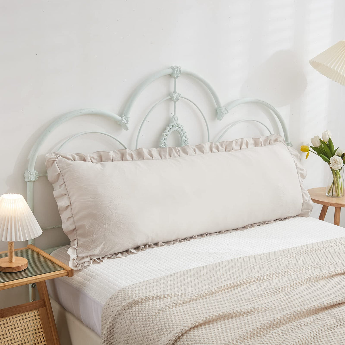 Boho White Body Pillowcase 20x54in - Ruffled Fringe Decor Sham