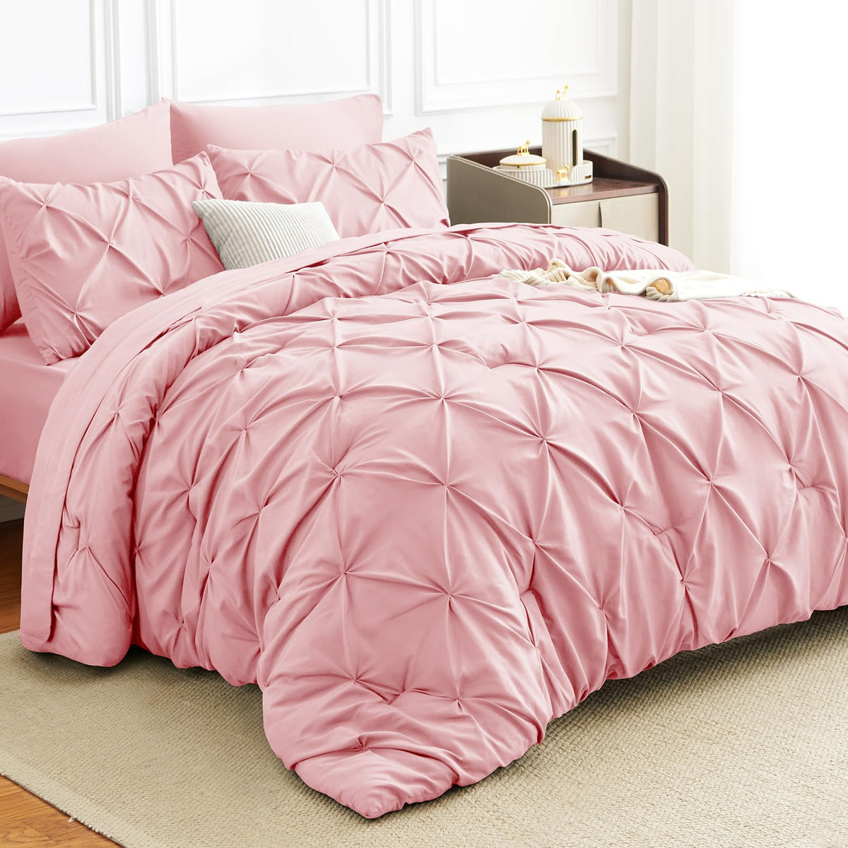 HIMEET Queen Comforter Set Black - 7 Pieces Pintuck Bed in a Bag