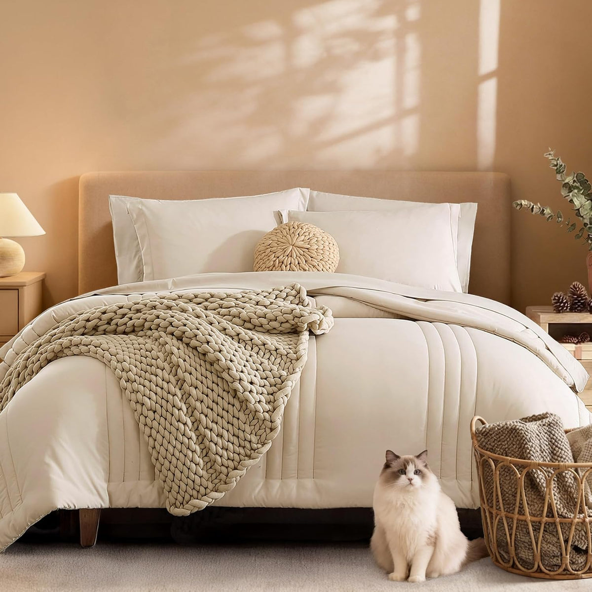King Size Comforter Set-7 Pieces Brown Soft Bed in a Bag King Bedding Sets