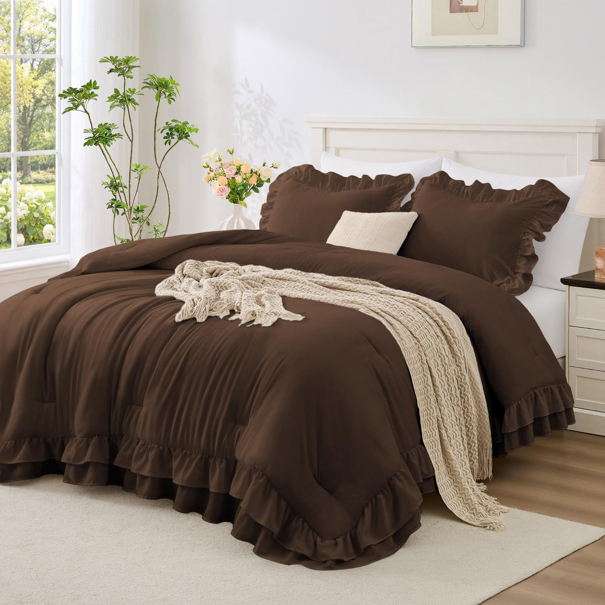 White Ruffle Comforter Set Queen Size, 3-Piece Shabby Chic Bedding