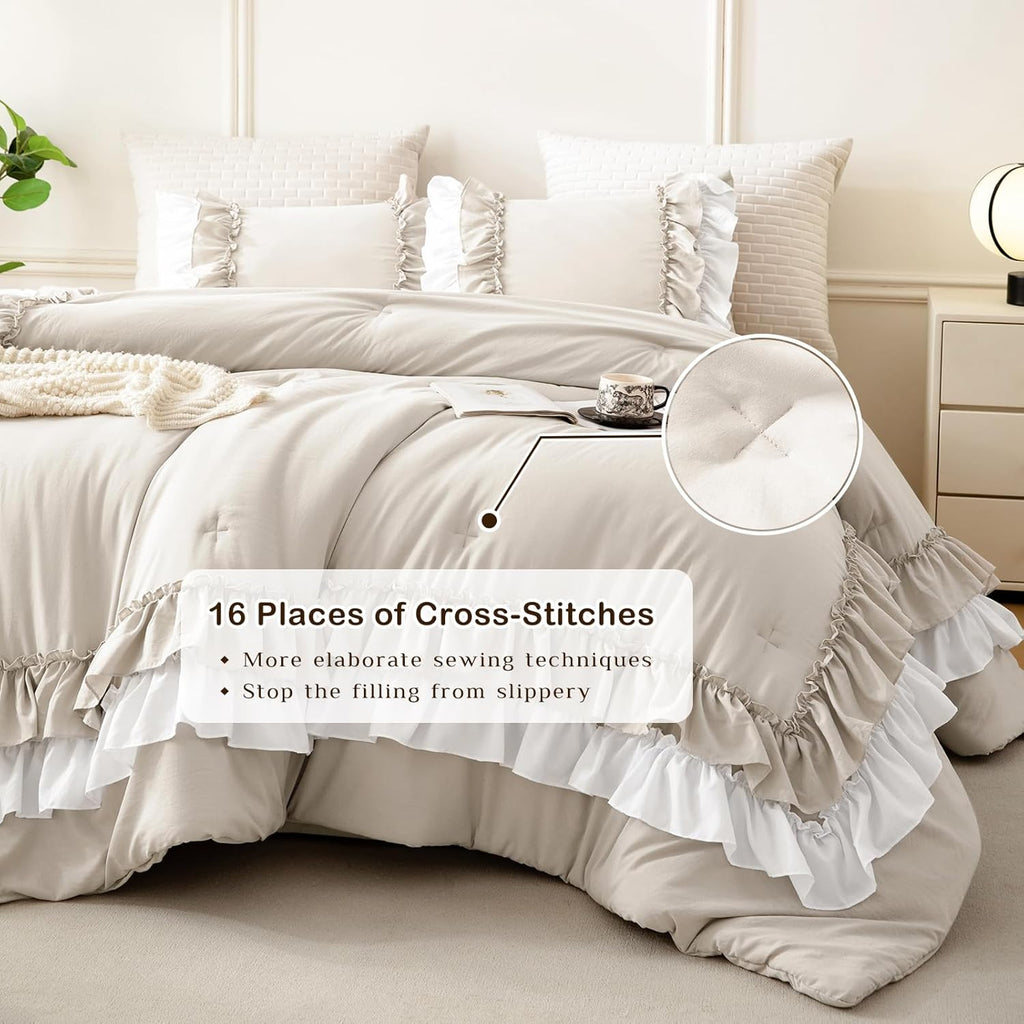 Masaca Ruffled Comforter Set Queen,Farmhouse Shabby Boho Chic Bedding Wheat and White Ruffle Comforter Vintage Rustic French Country Elegant Bedding Set 3PCS