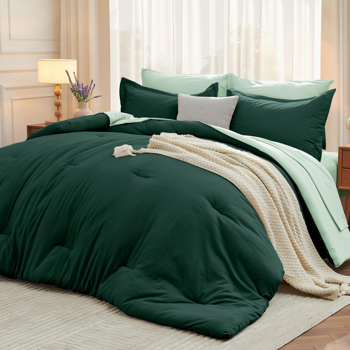 MUXHOMO King Comforter Set 7 Pieces, Soft Bed in a Bag, Beige