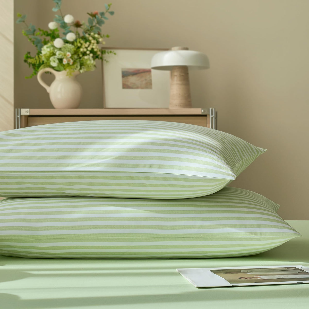 JELLYMONI Cotton Classic Striped Pillowcases Set of 2, Tan, Standard
