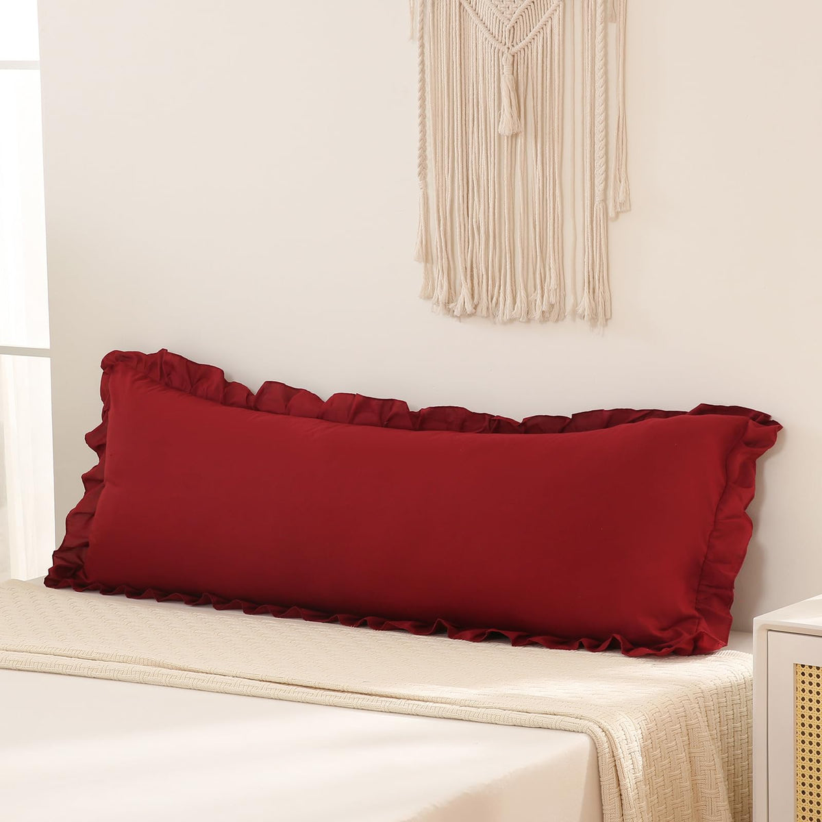 Boho White Body Pillowcase 20x54in - Ruffled Fringe Decor Sham