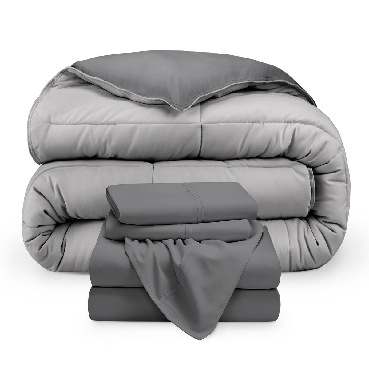 Bare Home Reversible Bed-in-A-Bag Comforter & Sheet Set - Queen - Down Alternative - Soft - Bedding Set (Queen, Light Grey/Grey)