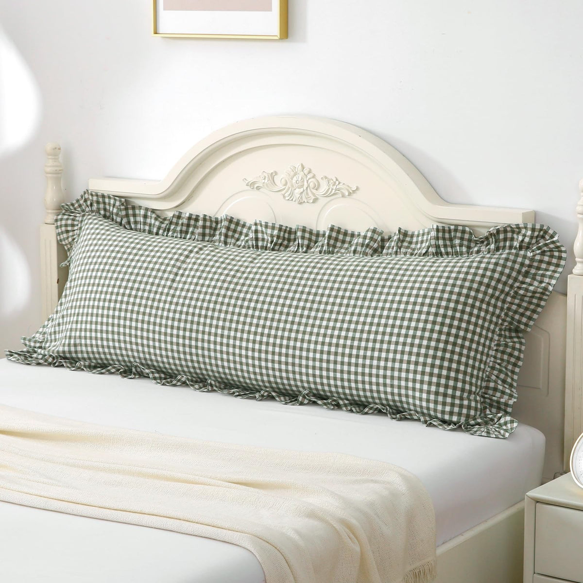 Silnuo Taupe/White Gingham Plaid Ruffled Pillow Covers Queen Size Set of 2