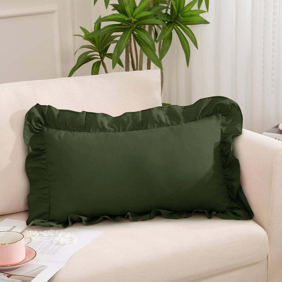 Pink Ruffle Lumbar Pillow Cover, 12x20 Inch