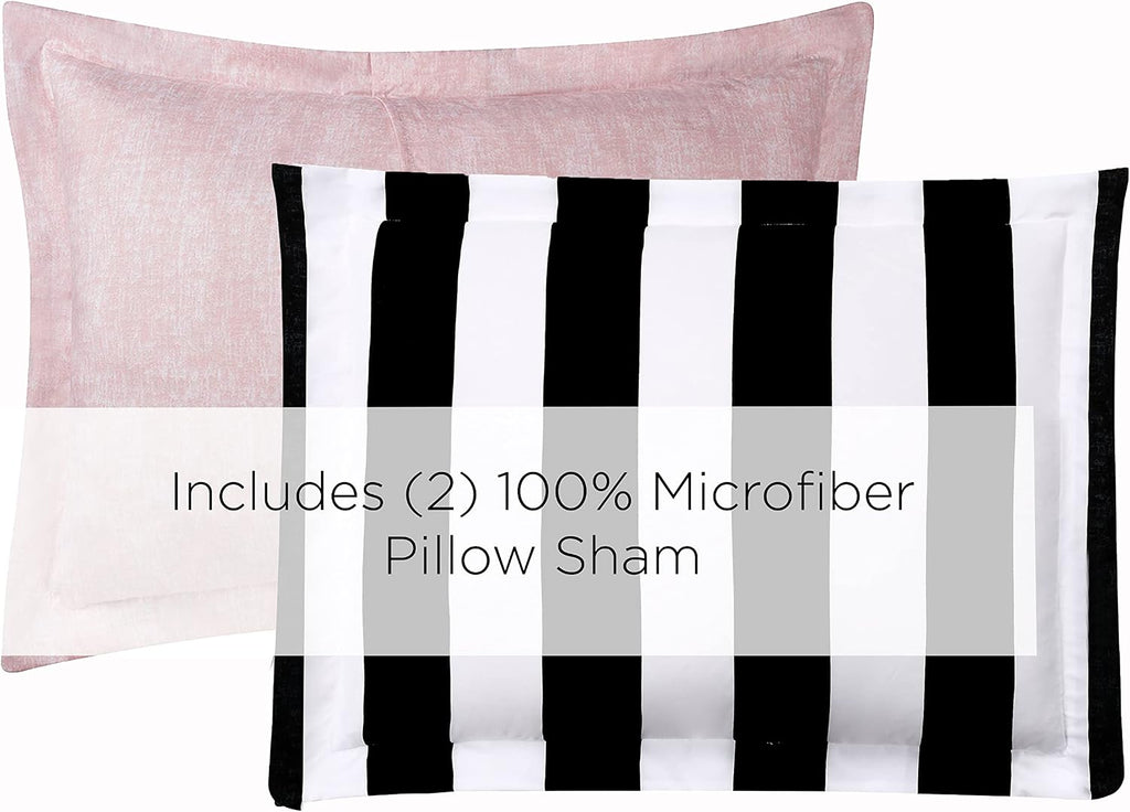 Juicy Couture Cabana Stripe Reversible Bedding Set - Queen Size - Black and White Stripe Print – 6 Piece Set – Includes 1 90" x 90" Comforter, 3 Decorative Pillows, 2 Shams