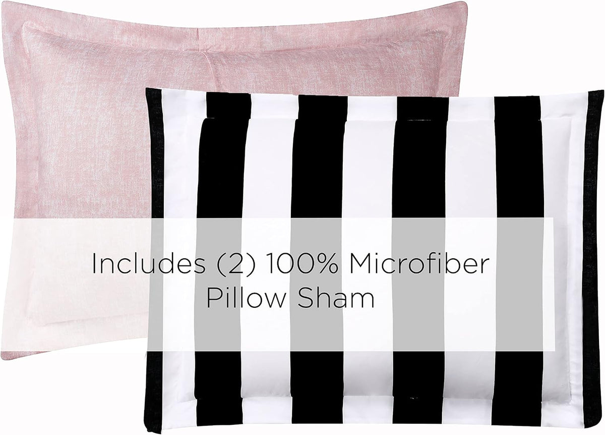 Juicy Couture Cabana Stripe Reversible Bedding Set - Queen Size - Black and White Stripe Print – 6 Piece Set – Includes 1 90" x 90" Comforter, 3 Decorative Pillows, 2 Shams