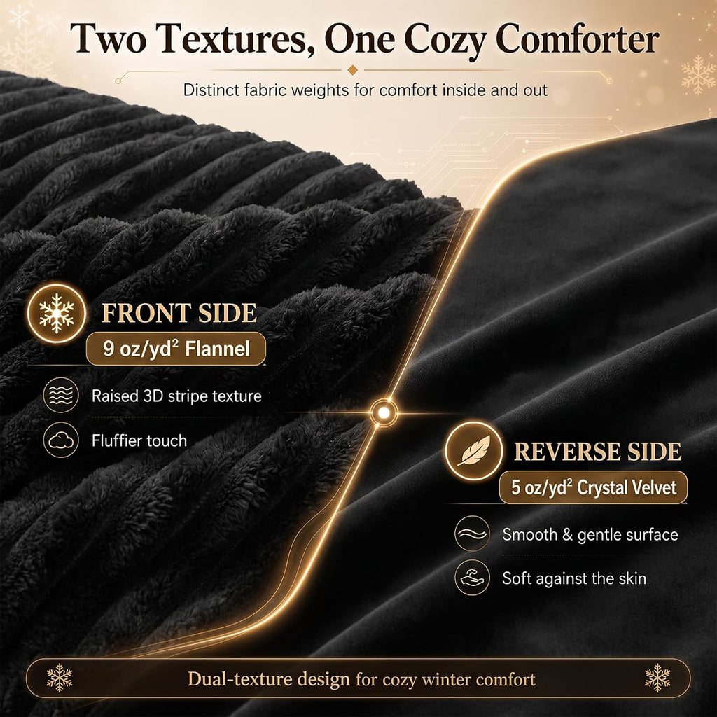 CozyLux Fleece Queen Comforter Set, 3 Piece Winter Warm Black Bedding