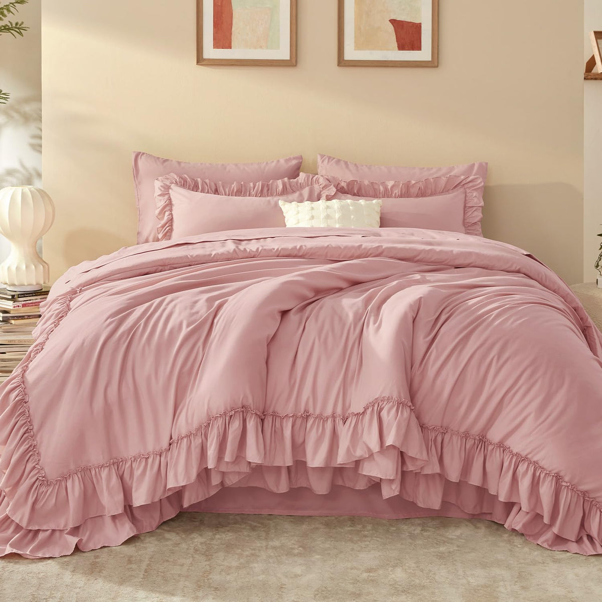 Litanika Queen Comforter Set, 7 Pcs White Ruffle Bed in a Bag