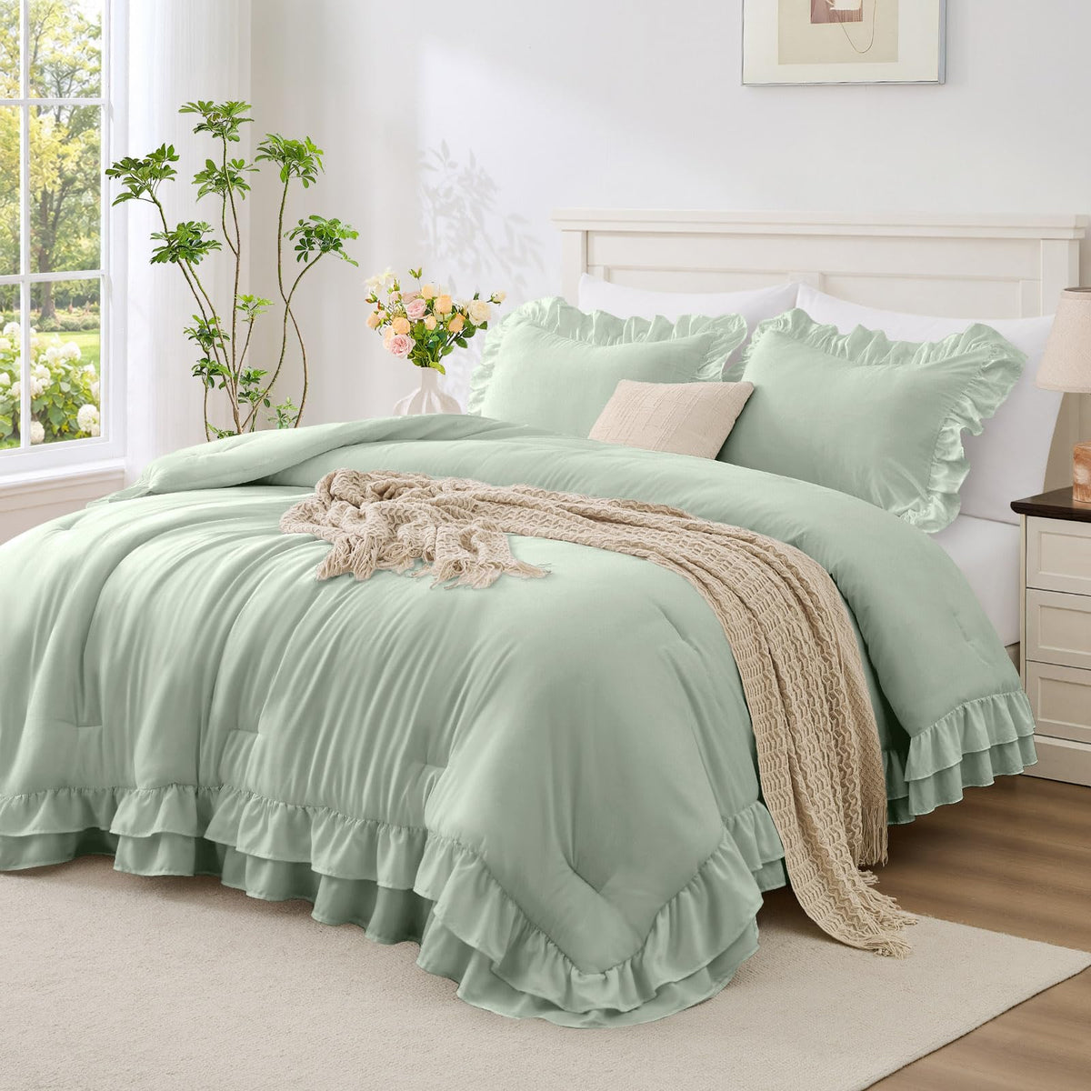 White Ruffle Comforter Set Queen Size, 3-Piece Shabby Chic Bedding