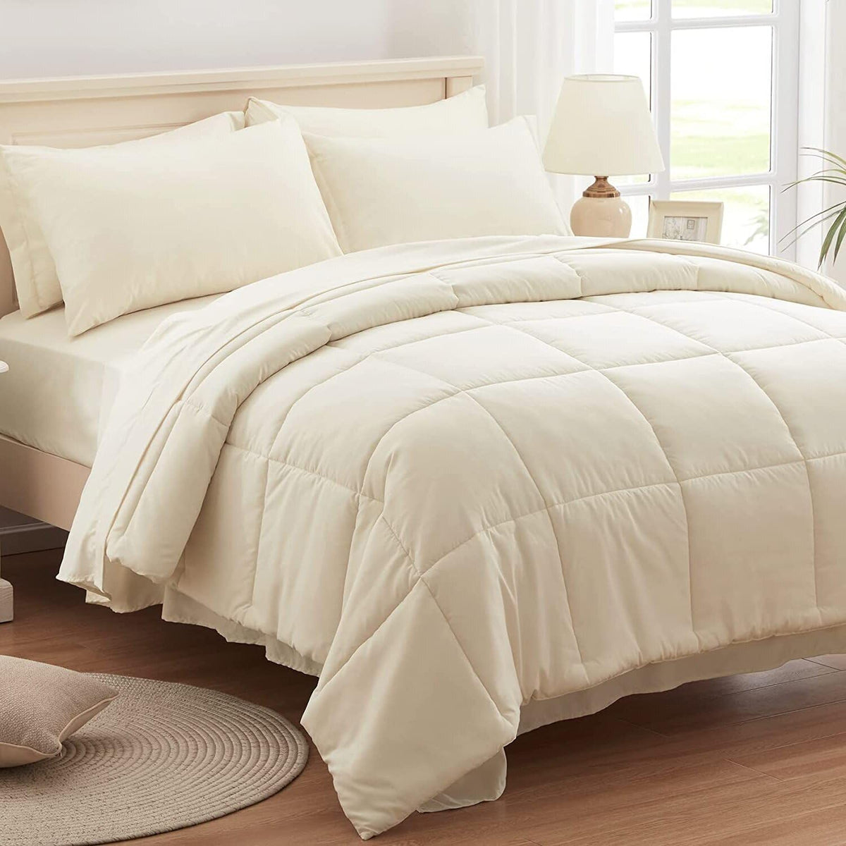 King Size 8 Piece Bed in a Bag - 500GSM Comforter Set with 18 inch Deep Fitted, Flat, Bed Skirt, Pillowcases & Shams, 600 Thread Count, Egyptian Cotton, Beige